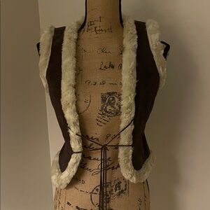 UK Principles Brown Suede Fur Trim Vest , size XS